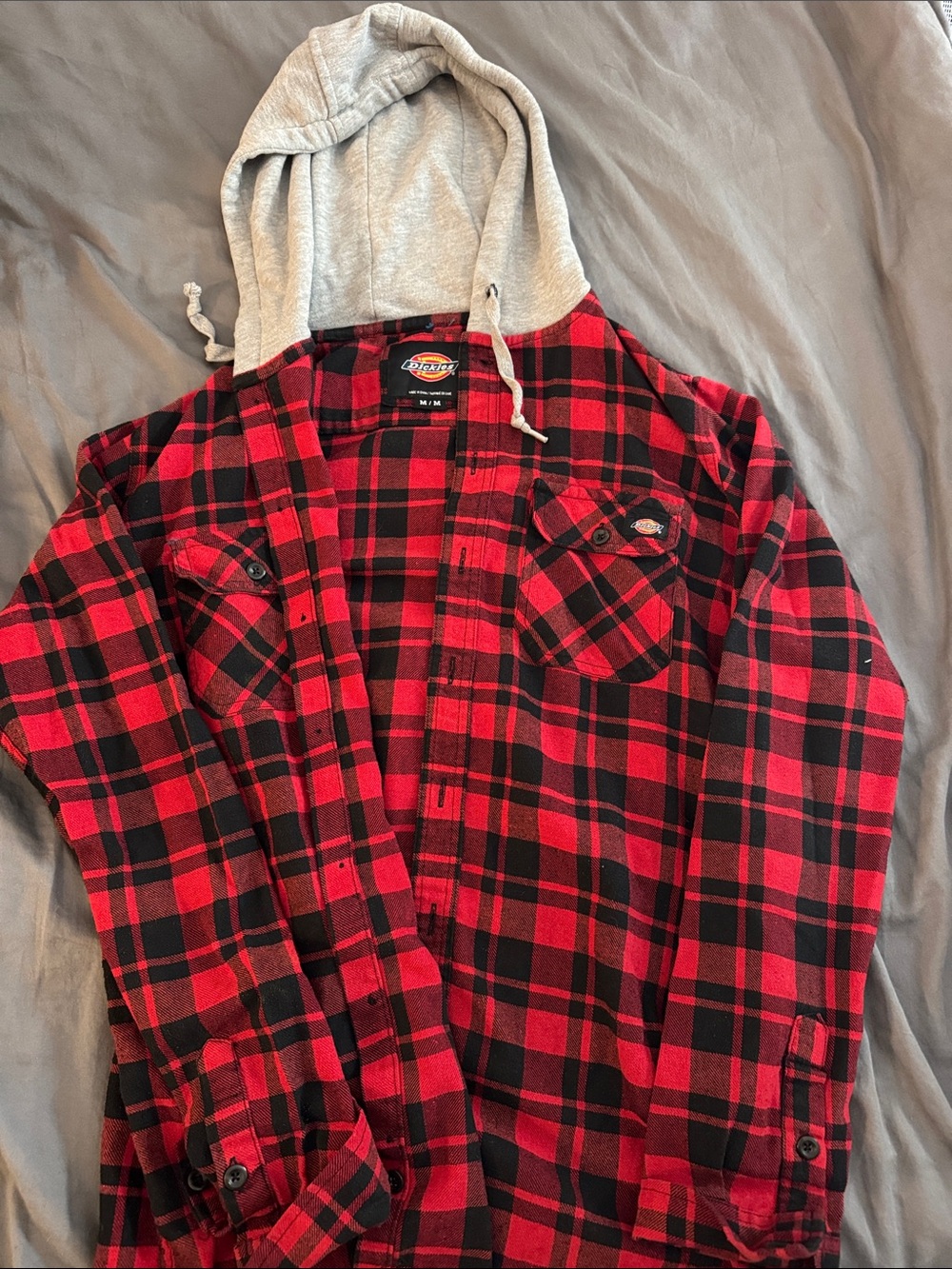 Dickies Men’s Red & Black Plaid Hooded Flannel Shirt